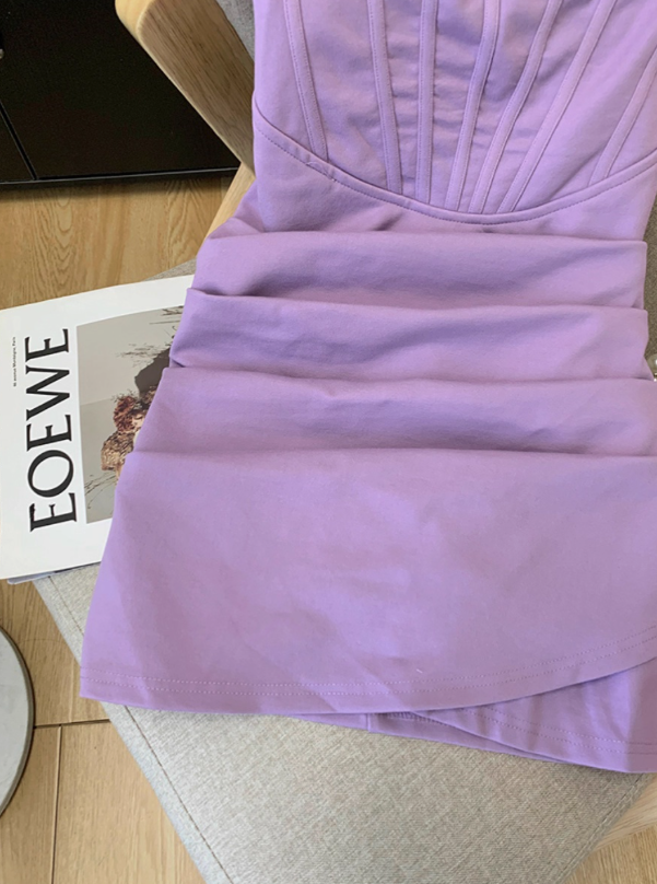 Purple pure sexy tube top dress female new waist short hip skirt fishbone backless small dress R3951