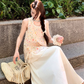 Gentle and pure daisy embroidered fake two-piece vest top with skirt suit R1745