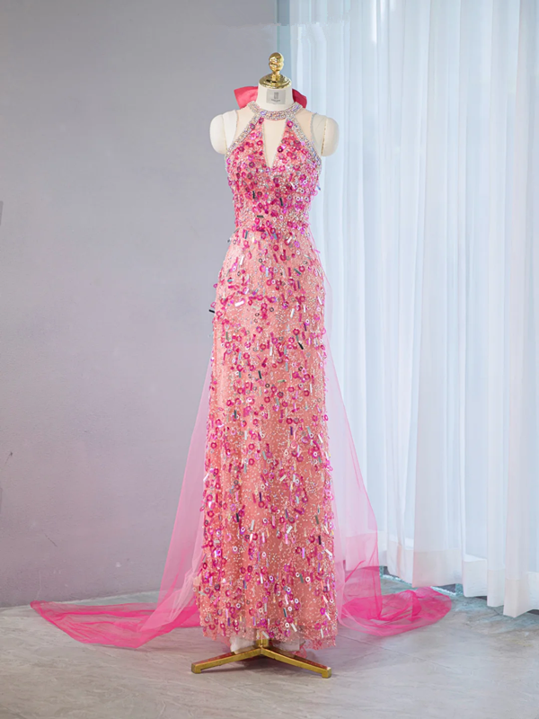 Pink halter-neck, fitted waist, sexy long ball gown, bridal dress R9037