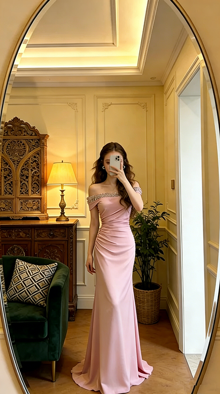 Light blue off-the-shoulder rhinestone-embellished fitted mermaid skirt elegant ball gown R8608