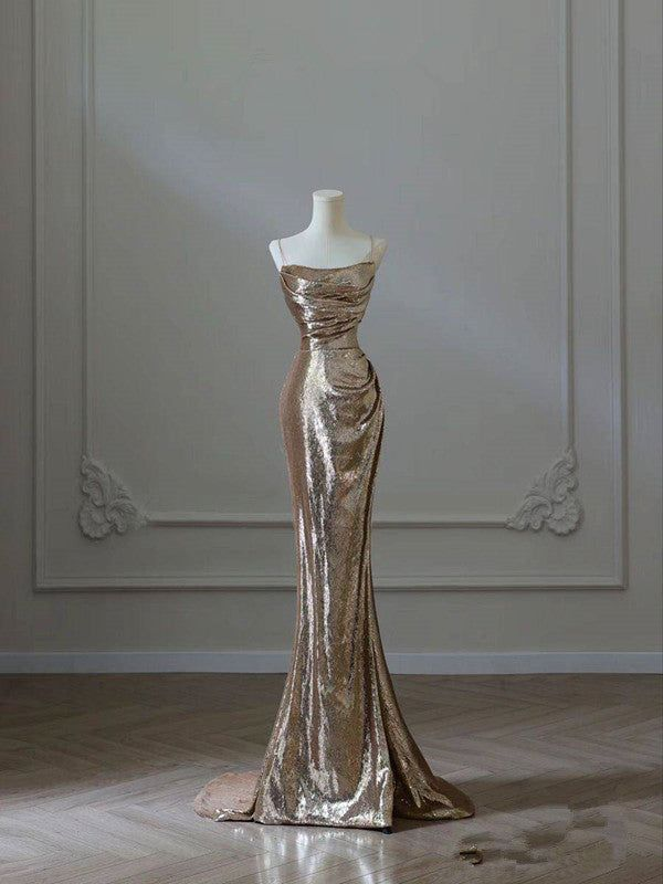 Gold satin suspender waist sexy long skirt, prom dress R5620