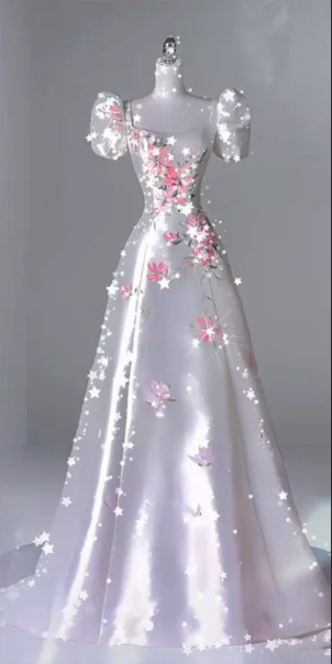 White satin dress with pink floral print, fitted waist, A-line skirt, prom dress R6451