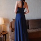 Dark blue halter neck slim waist elegant temperament long dress homecoming dress R4754