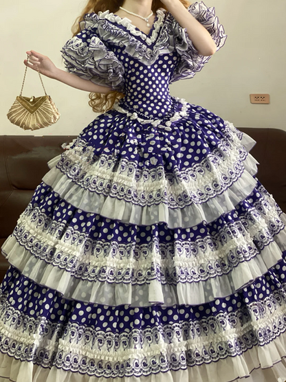 Purple V-Neck Waist-Cinched Fitted Polka-Dot Tiered-Hem Ball Gown, Bridal Gown R7324