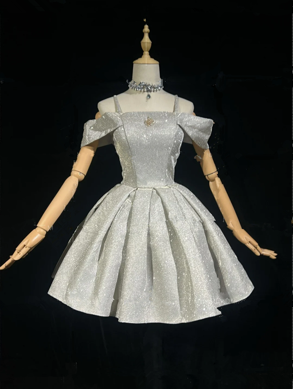 Silver sequined strapless one-shoulder slim waist A-line short dress for homecoming R4878