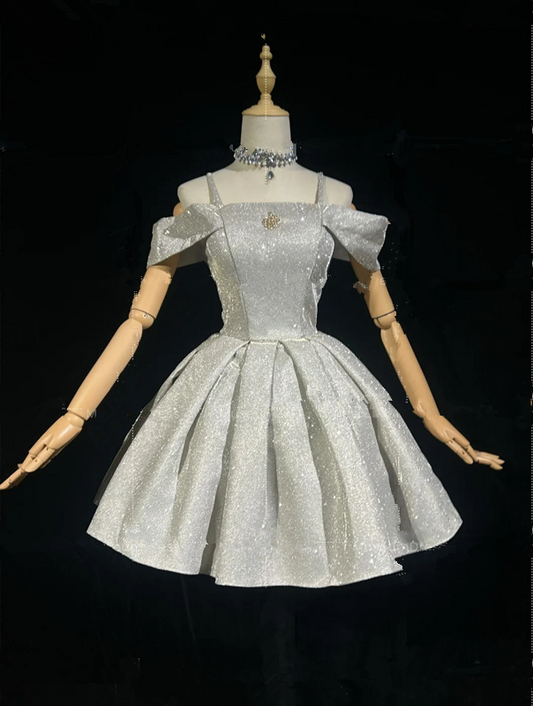 Silver sequined strapless one-shoulder slim waist A-line short dress for homecoming R4878