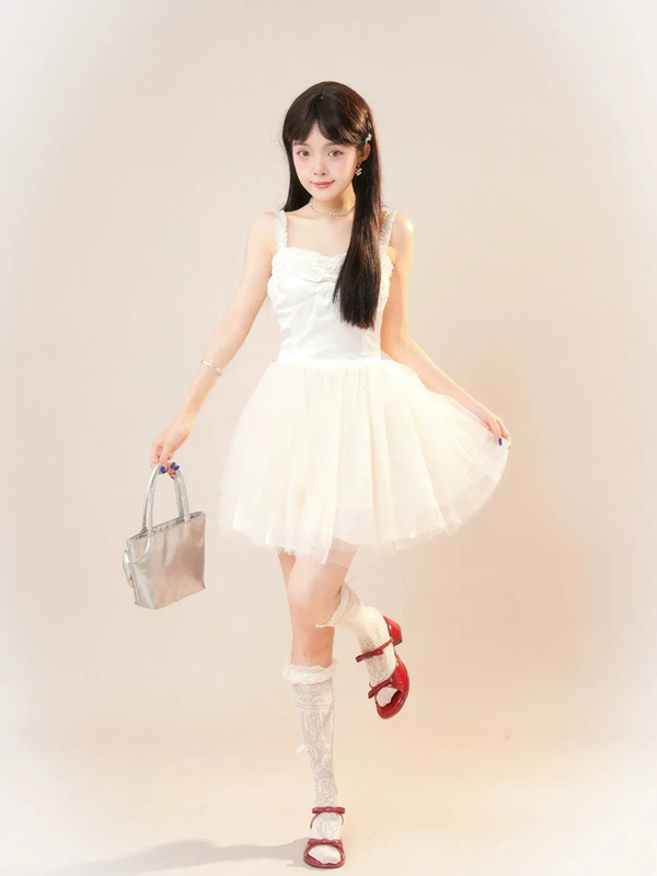 White suspenders cute mini skirt homecoming dress R5371