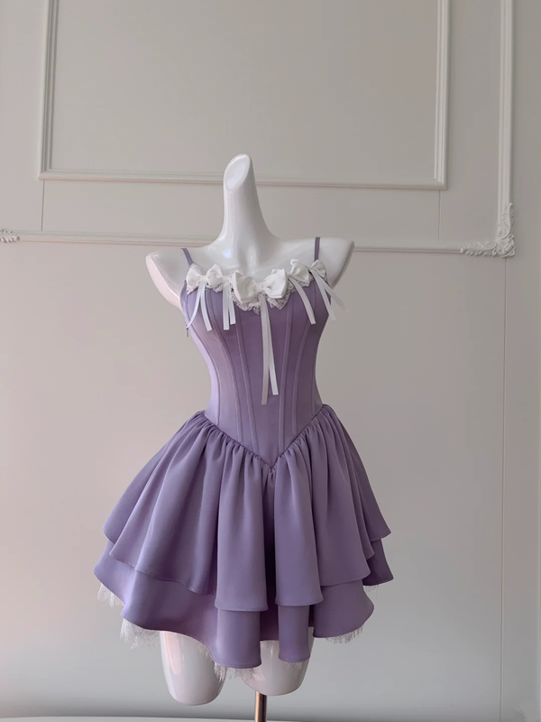 Purple suspender waist slim A-line short skirt homecoming dress R5040