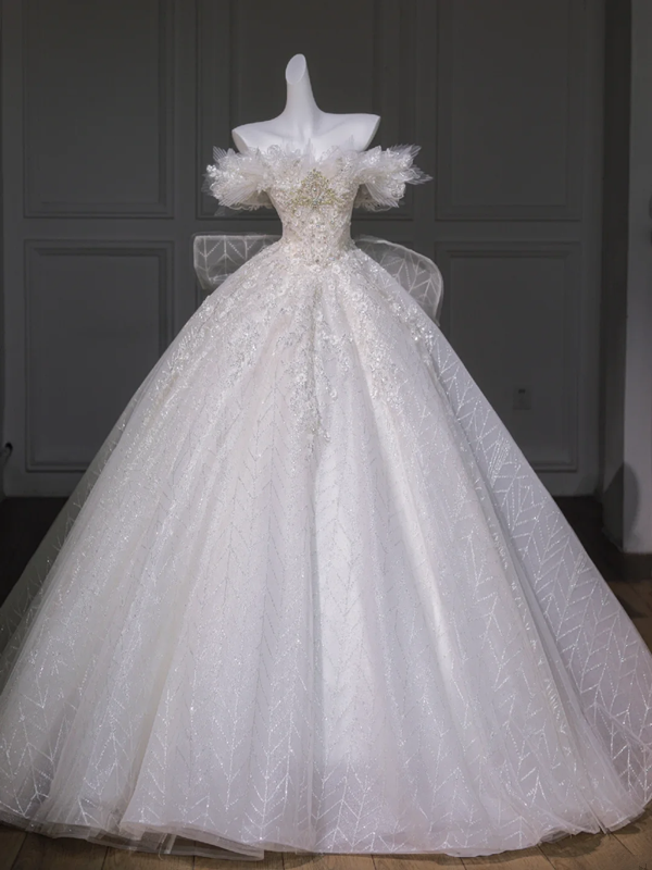 White tube-top diamond waist slim fit puffy skirt long bridal dress R5815