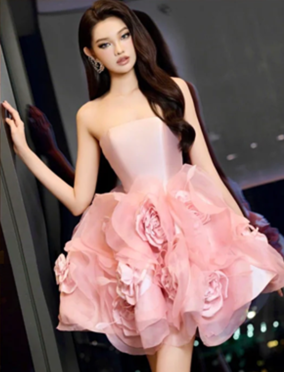 Pink Strapless Satin Gorgeous Three-Dimensional Skirt Flower Design Short Skirt Homecoming Dress R4672