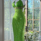 Green sequined halter-neck fitted bodycon long ball gown R6531