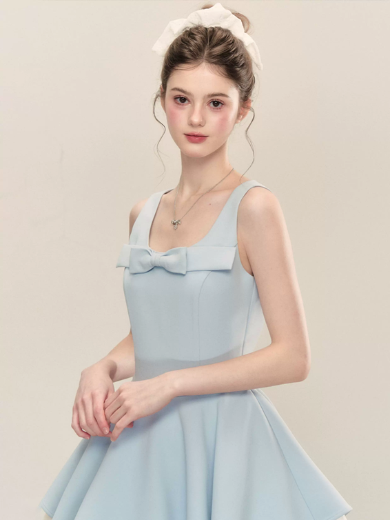 Coquette Bow Square Neck Flounce Dress with Sheer Tulle Layer R9216