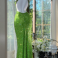 Green sequined halter-neck fitted bodycon long ball gown R6531