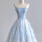 Light blue strapless, fitted waist, full skirt, long ball gown R8196