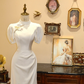 White fitted long ball gown/bridal dress R7164