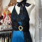 Blue retro halter neck, fitted waist, A-line lace skirt ball gown R6371
