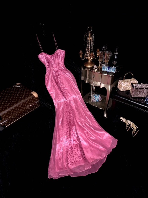 Pink halter-neck fitted beaded long ball gown R6970