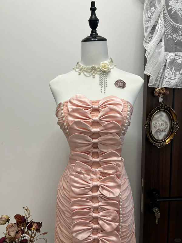 Pink tube top bow waist hip sexy short skirt homecoming dress R4269