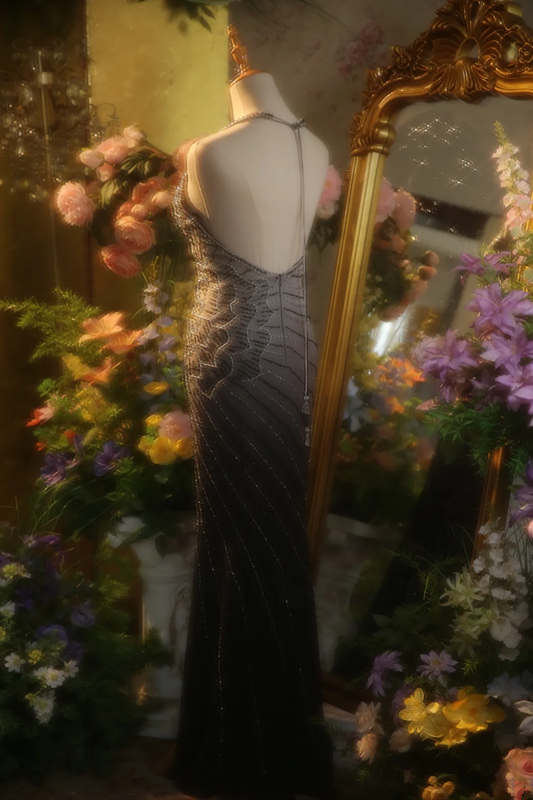 Gray gradient halter-neck fitted waist sexy long ball gown R7263