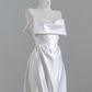 White satin off-the-shoulder, fitted waist, long ball gown/bridal dress R8251