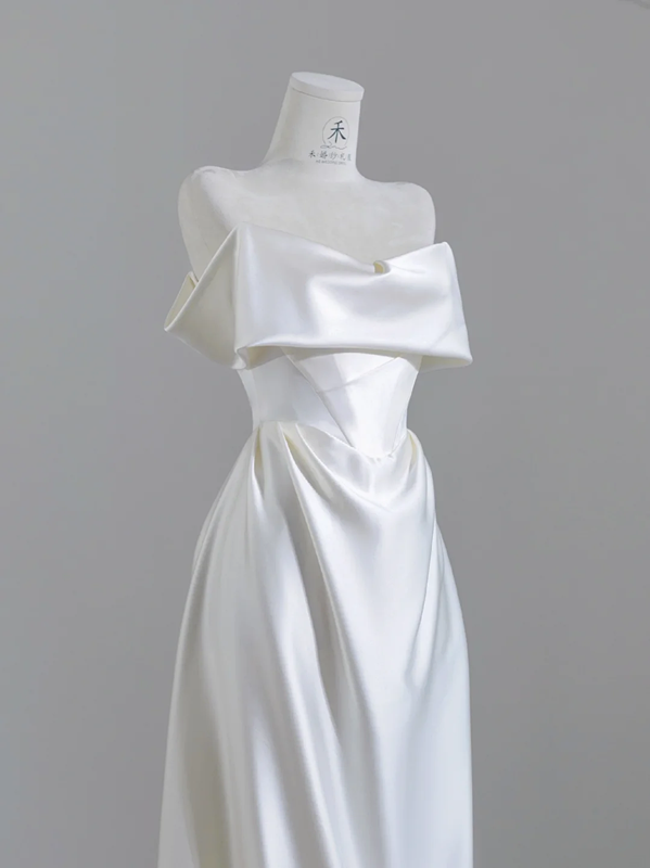 White satin off-the-shoulder, fitted waist, long ball gown/bridal dress R8251