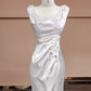 White square-neck, fitted waist, long retro floral patterned ball gown/bridal dress R8310