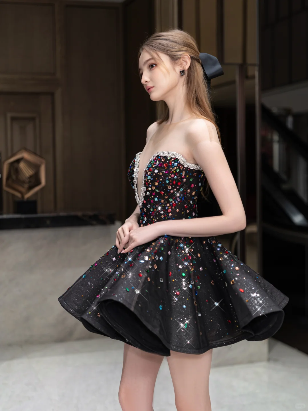 Black tube top sequined waist slim fit puffy skirt homecoming dress R4349
