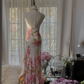 Light pink floral print halter neck fitted waist long ball gown R7726