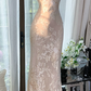 Light pink halter-neck fitted long floral print ball gown R7645