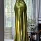 Green halter-neck backless fitted waist bodycon long ball gown R7606