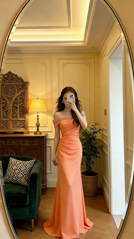 Light blue off-the-shoulder rhinestone-embellished fitted mermaid skirt elegant ball gown R8608