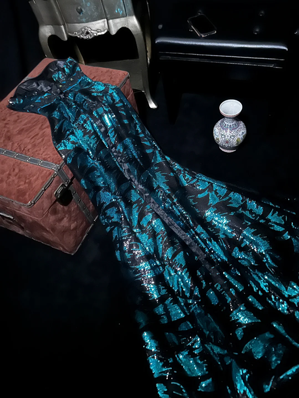 Dark green strapless floral sequined fitted long ball gown R7050