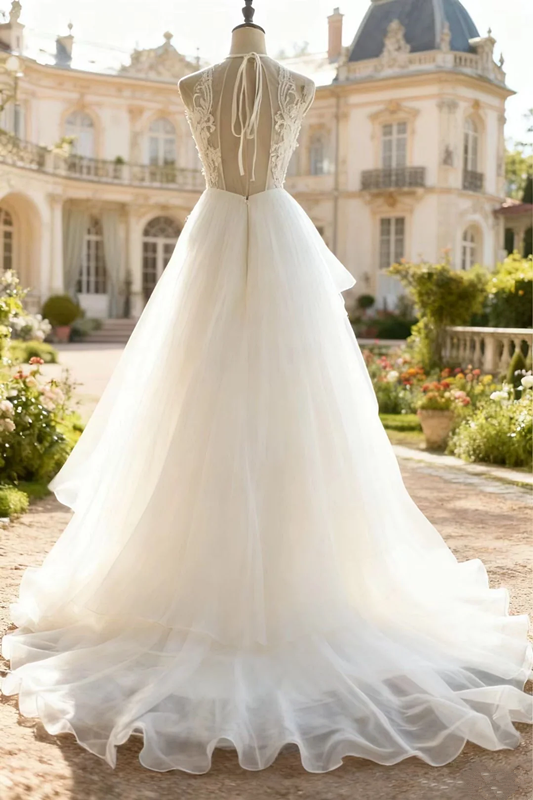 White lace halter neck fitted waist long tulle skirt ball gown, bridal dress R6731