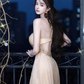 Champagne Halter Neck Waist-Cinched Fitted High-Slit Elegant Prom Dress R7090