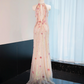 Light pink halter neck, fitted waist, sexy fairy-like long ball gown, bridal dress R9007