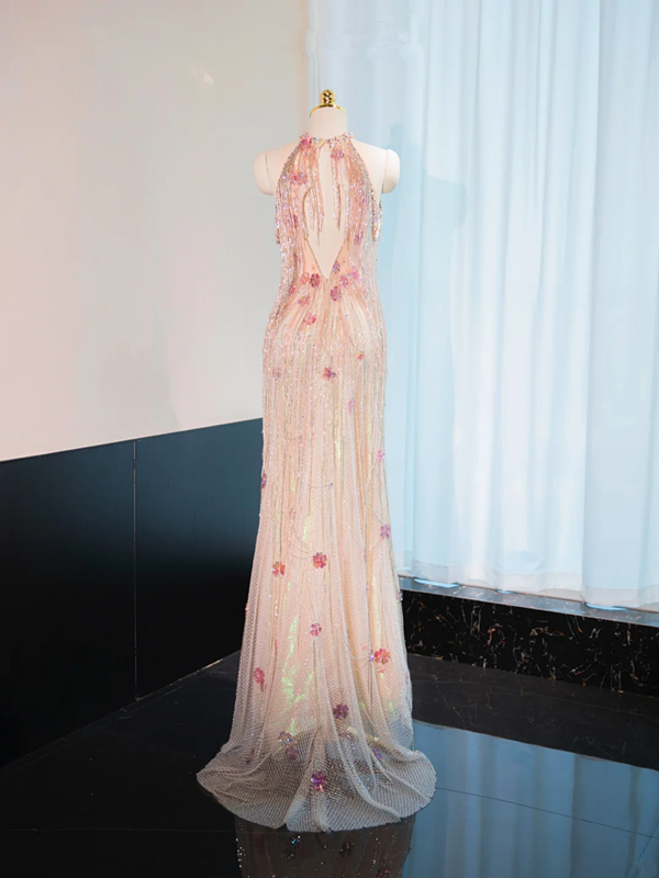 Light pink halter neck, fitted waist, sexy fairy-like long ball gown, bridal dress R9007