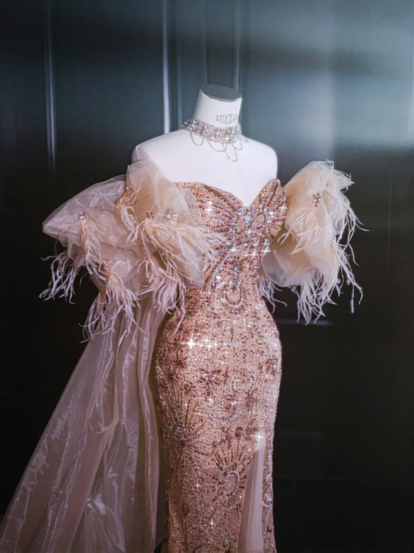 Pink tube-top sequined slim-waisted fishtail maxi dress, prom dress R5656