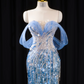 Light blue off-the-shoulder fitted long ball gown, bridal dress R8917