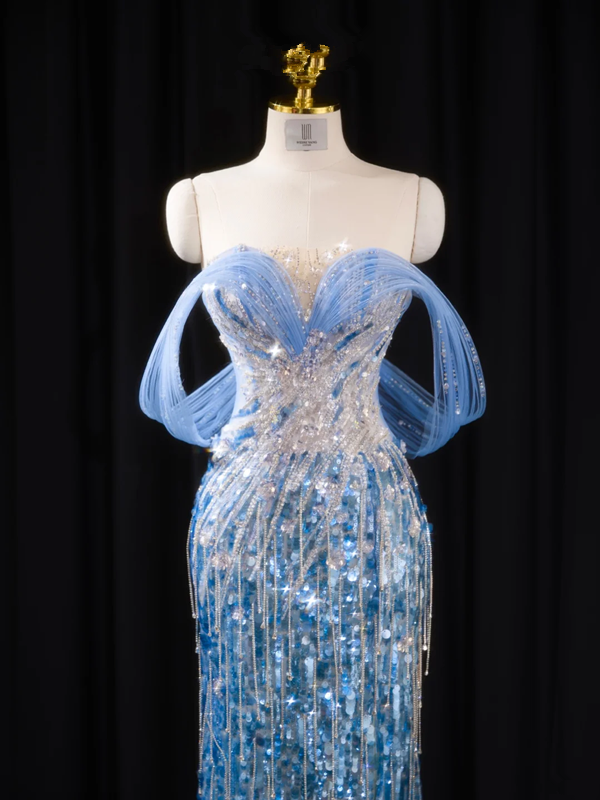 Light blue off-the-shoulder fitted long ball gown, bridal dress R8917