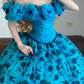Blue Off-the-shoulder Waist-Cinched Puff-Skirt Ball Gown R7372