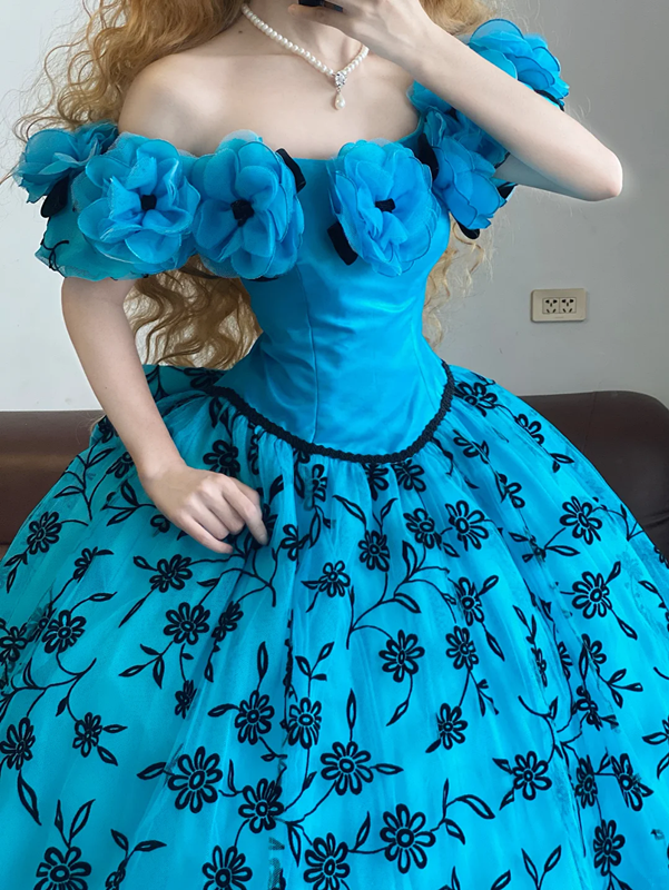 Blue Off-the-shoulder Waist-Cinched Puff-Skirt Ball Gown R7372