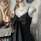 Black suspender waist pleated satin A-line bud skirt short ball gown R6172
