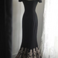 Black off-the-shoulder fitted waist bodycon dress with gold floral skirt for a long ball gown R6810