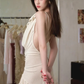 Champagne-colored swing neck, cinched waist, backless, asymmetrical skirt, short homecoming dress R4511