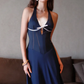 Dark blue halter neck slim waist elegant temperament long dress homecoming dress R4754