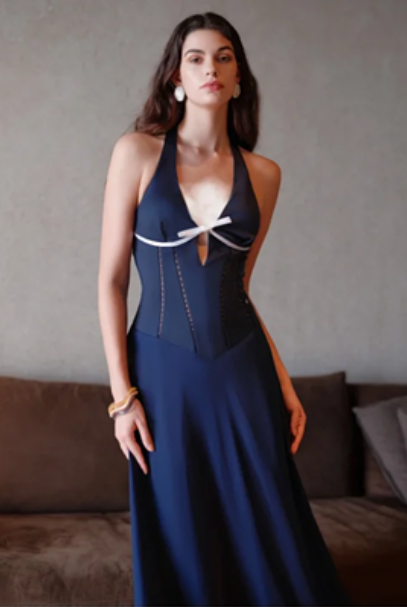 Dark blue halter neck slim waist elegant temperament long dress homecoming dress R4754