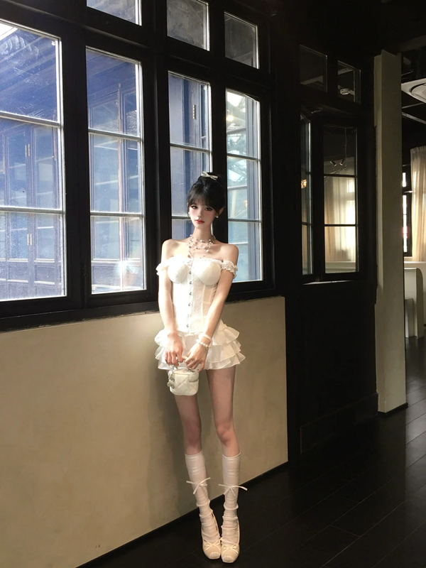 White suspenders waist slim fishbone top cake mini skirt homecoming dress R5079