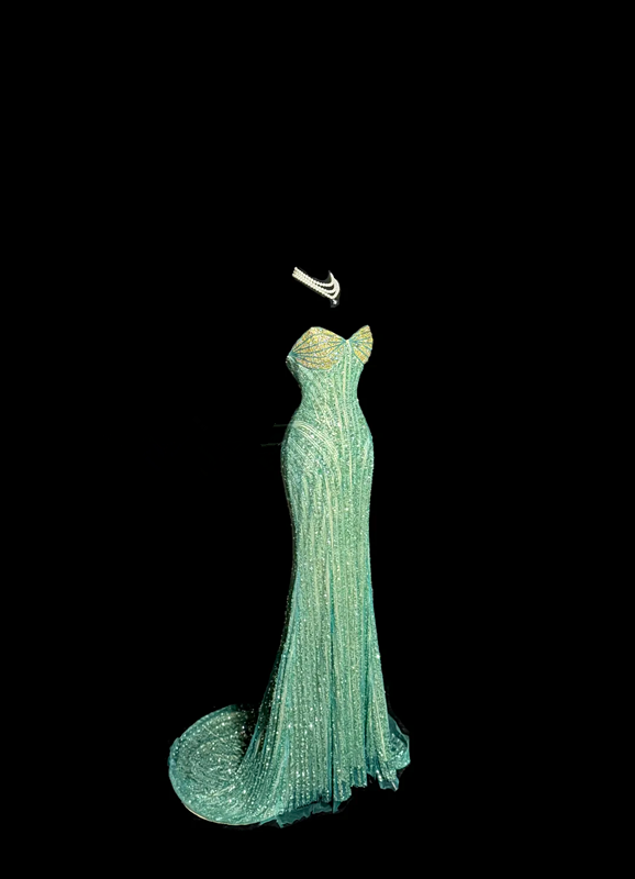 Green strapless rhinestone-embellished fitted long ball gown with a sexy silhouette R6611