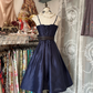 Navy blue halter-neck A-line mini skirt, ball gown R6291