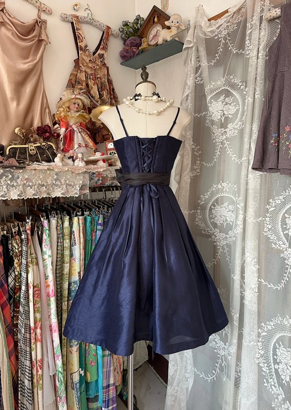 Navy blue halter-neck A-line mini skirt, ball gown R6291